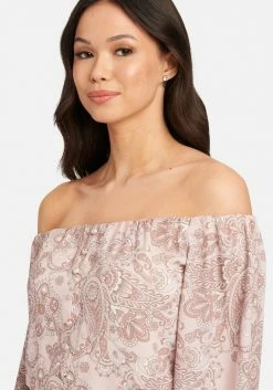 TC Off Shoulder Front Button Printed Crepe Bodysuit 8 TC Off Shoulder Front Button Printed Crepe Bodysuit