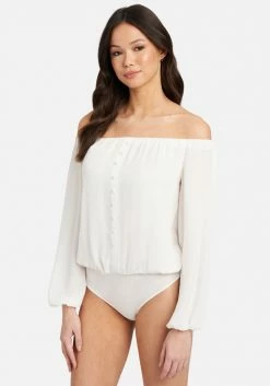 TC Off Shoulder Front Button Crepe Bodysuit