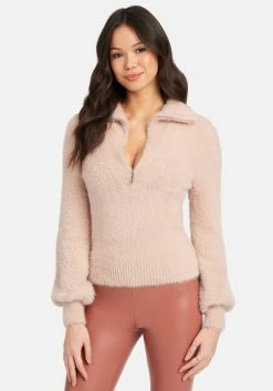 TC Zip Detail Collar Soft Fuzzy Sweater Top