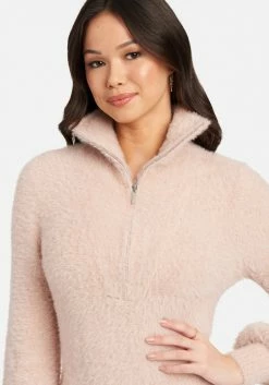 TC Zip Detail Collar Soft Fuzzy Sweater Top