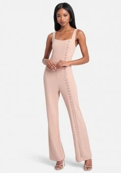 TC Knit Crepe Rhinestone Hook & Eye Wide Leg Jumpsuit