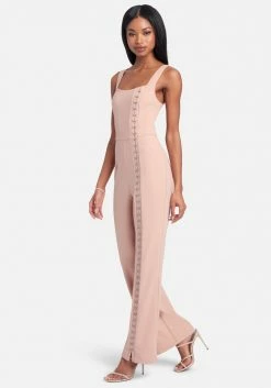TC Knit Crepe Rhinestone Hook & Eye Wide Leg Jumpsuit