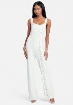 TC Knit Crepe Rhinestone Hook & Eye Wide Leg Jumpsuit