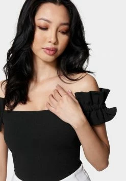 TC Night Out Knit Crepe Off Shoulder Ruffle Top