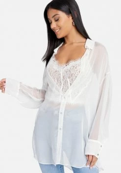 TC Velvet Chiffon Button Down Oversized Blouse