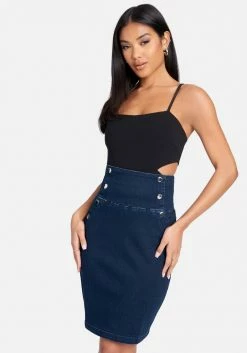 TC High Waist Snap Front Detail Zip Back Pencil Denim Skirt Spring/Summer