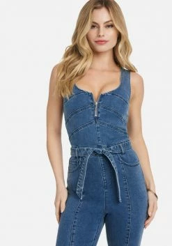 TC Multi Seam Zip Front Self Tie Slim Leg Denim Jumpsuit
