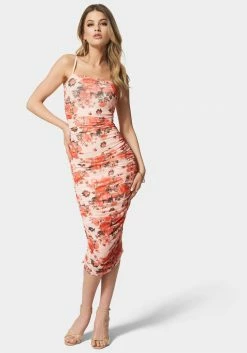 JUMP Bridal Printed Ruched Mesh Midi Dress