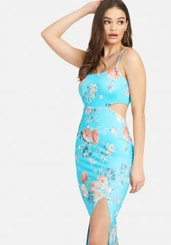 JUMP Printed Side Cutout Midi Slit Dress