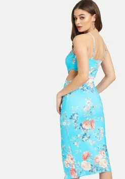 JUMP Printed Side Cutout Midi Slit Dress