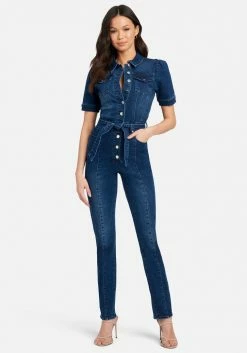 TC Button Front Slim Leg Denim Jumpsuit