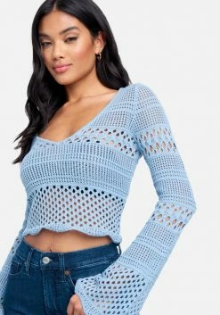 TC Bell Sleeve Scallop Hem Crochet Top Festival Season