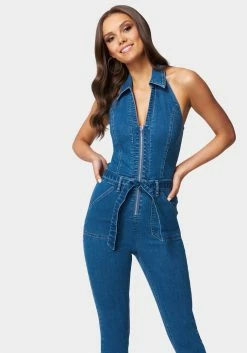 TC Festival Season Halter Neck Zip-Up Denim Jumpsuit
