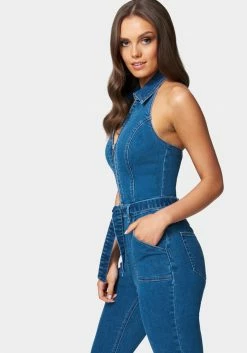 TC Festival Season Halter Neck Zip-Up Denim Jumpsuit