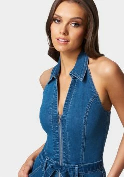 TC Festival Season Halter Neck Zip-Up Denim Jumpsuit