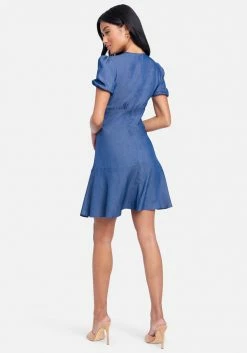 TC Puff Short Sleeve V-Neck Tencel Dress
