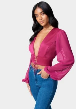 TC Lace Up V Neck Chiffon Top Festival Season