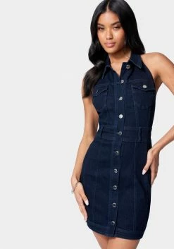 TC Halter Neck Button Up Denim Dress Festival Season