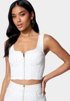 Contrast Stitching Zip Up Denim Top