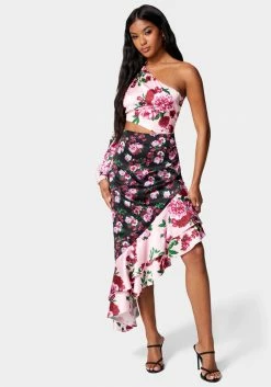 JUMP Printed One Shoulder Asymmetrical Ruffle Dress Night Out