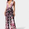 Printed Deep V Godet Leg Jumpsuit