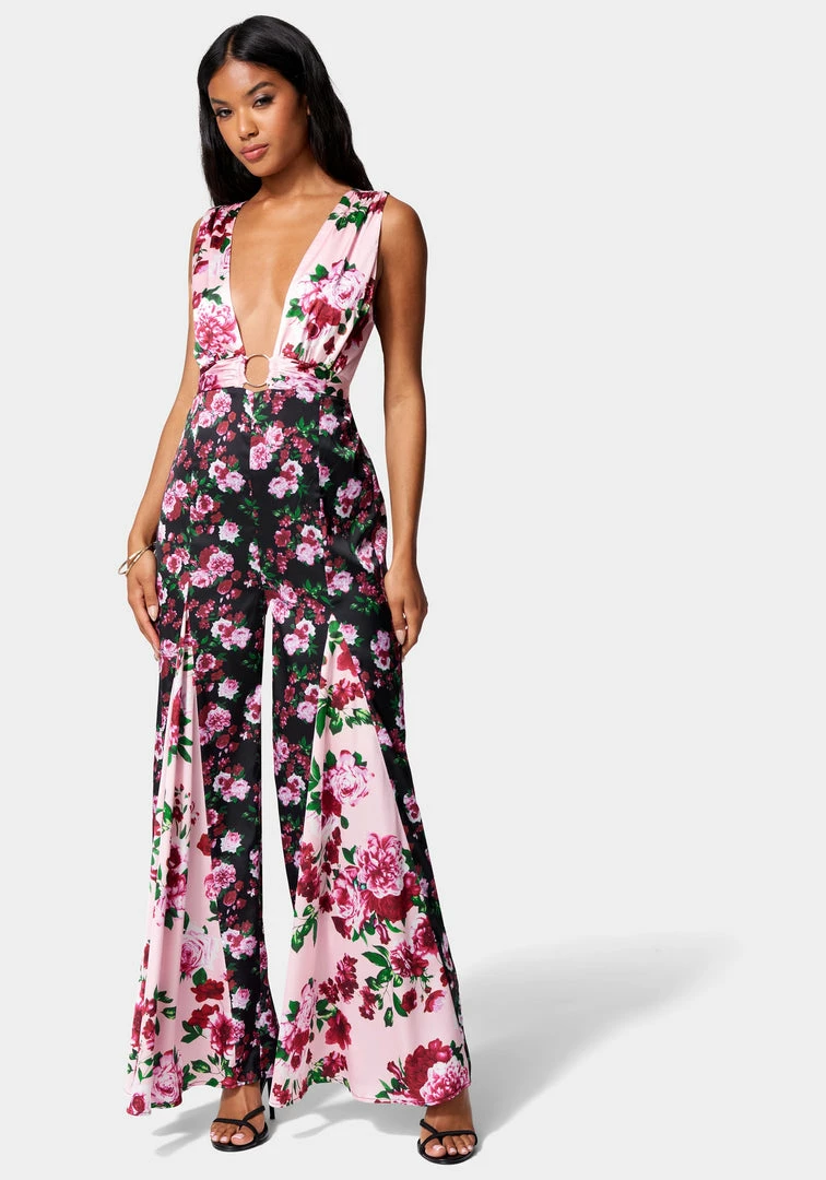 Printed Deep V Godet Leg Jumpsuit 1 Printed Deep V Godet Leg Jumpsuit