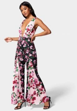 Printed Deep V Godet Leg Jumpsuit