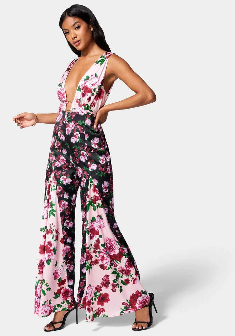 Printed Deep V Godet Leg Jumpsuit 2 Printed Deep V Godet Leg Jumpsuit