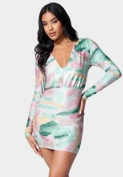 JUMP Printed Blouson Lurex Mini Dress Festival Season
