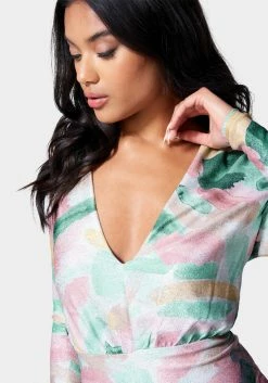 JUMP Printed Blouson Lurex Mini Dress Festival Season