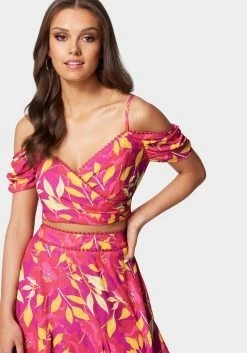 TC Cold Shoulder Cross Front Printed Top Festival Season