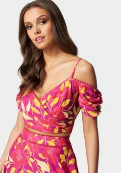 TC Cold Shoulder Cross Front Printed Top Festival Season