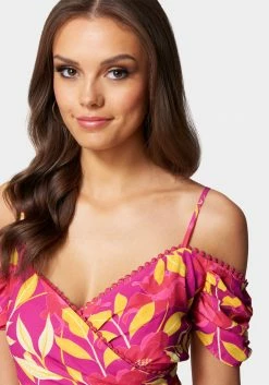 TC Cold Shoulder Cross Front Printed Top Festival Season