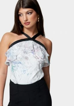 TC Contrast Halter Printed Riffle Woven Top
