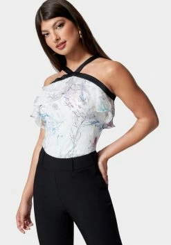 TC Contrast Halter Printed Riffle Woven Top