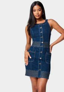 TC Button Front Jewel Neck Denim Dress Festival Season