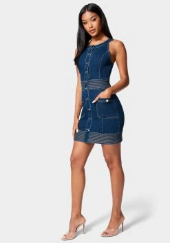 TC Button Front Jewel Neck Denim Dress Festival Season
