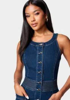 TC Button Front Jewel Neck Denim Dress Festival Season