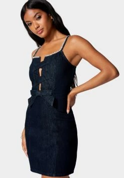 TC Bow Detail Rhinestone Strap Glitter Denim Dress