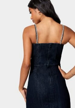TC Bow Detail Rhinestone Strap Glitter Denim Dress