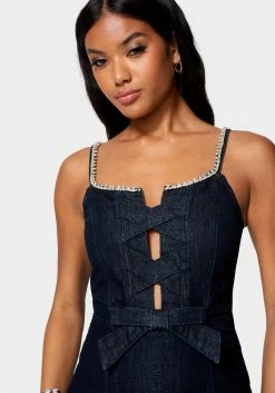 TC Bow Detail Rhinestone Strap Glitter Denim Dress