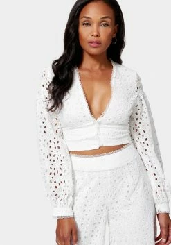 TC Balloon Sleeve Button Front Eyelet Blouse