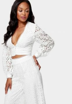 TC Balloon Sleeve Button Front Eyelet Blouse