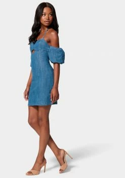 TC Off Shoulder Bubble Sleeve Denim Dress