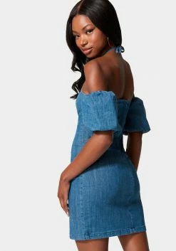 TC Off Shoulder Bubble Sleeve Denim Dress