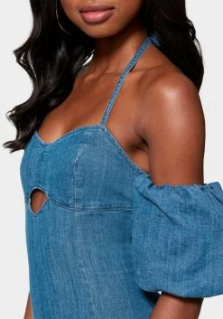 TC Off Shoulder Bubble Sleeve Denim Dress