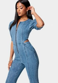 TC Front Zip Side Cut Out Straight Leg Denim Jumpsuit New