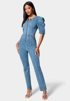 TC Front Zip Side Cut Out Straight Leg Denim Jumpsuit New