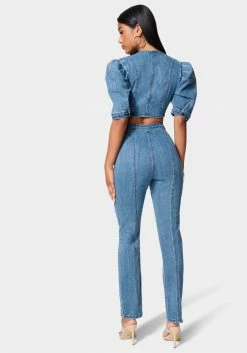TC Front Zip Side Cut Out Straight Leg Denim Jumpsuit New