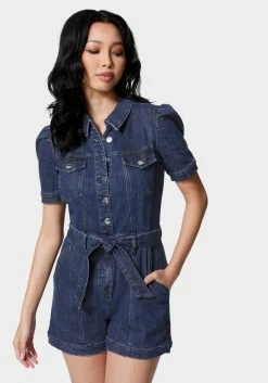 TC Button Front Short Sleeve Cuffed Denim Romper Weekend Vibes